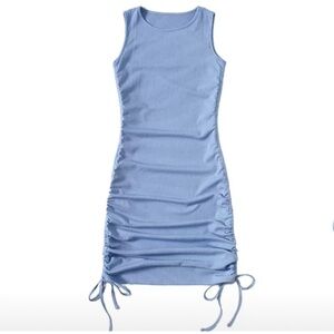 Rib-knit Blue Sleeveless Bodycon Dress with Drawstring Side Women Size Large